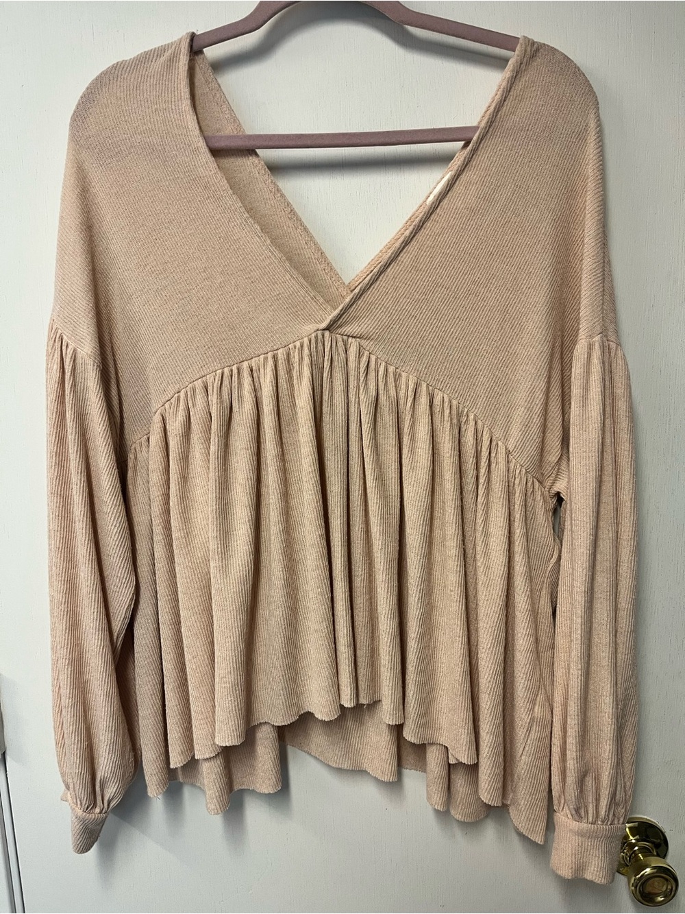 By Together Ribbed Babydoll Top V Neck Long Sleeve Oversized